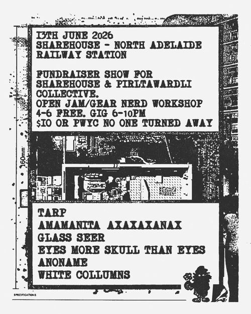 TARP, AAGS, EMSTE, ANONAME, WHITE COLLUMNS, Noise fundraiser with open jam for Sharehouse and Pirltawardli collective!